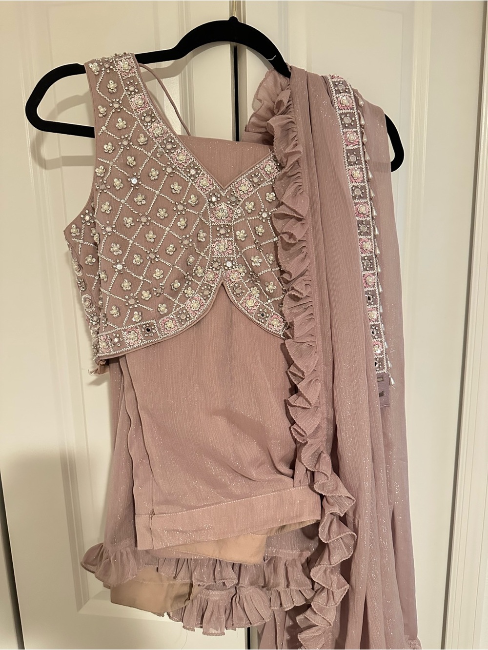 Elegant Light Pink Ruffle Saree with Embellished Blouse - Picture 2 of 4
